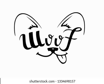 This is sticker with symbol and sound of dog. This is illustration can used for print on wall or other. Eastern horoscope. Lettering. Vector. Lettering.