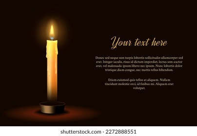 This stock illustration depicts a lit candle on a dark background. The candle flame creates an atmosphere of coziness and relaxation. 