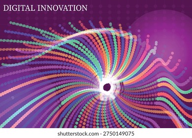 This stock illustration provides a vibrant, artistic representation of digital innovation. Against a rich magenta and purple gradient background with a subtle grid pattern, a complex array of multi-colored dots forms swirling, waving lines. The streams of pink, purple, orange, green, and blue dots originate from a glowing white center, creating a dynamic, kinetic effect. Perfect for technology and future-focused design.