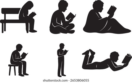 Esta imagem de stock apresenta silhuetas de pessoas de diferentes idades lendo livros em várias posições, incluindo sentado em um banco, sentado no chão, sentado sob um cobertor, e deitado.