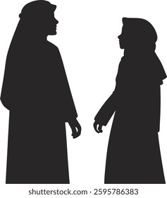 This stock image features a simple, elegant silhouette of two women wearing traditional Muslim headwear (hijab) and long garments