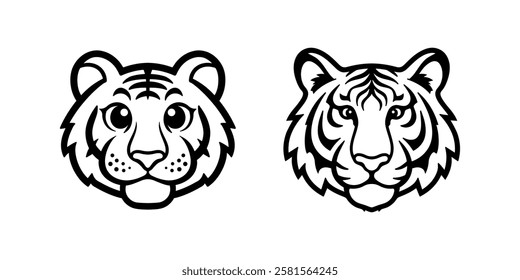 This stock image features two stylized tiger heads, one with large, friendly eyes and a playful expression, and the other with a more mature and fierce look.