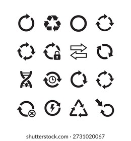 This stock image presents a collection of 16 vector icons, each illustrating a different variation of the concept of cycling, refreshing, or looping. The icons, arranged in a grid format, feature different arrow configurations in circular paths, representing processes such as refresh, recycle, and secure data flow. Specific symbols include a clock for time cycles, a lightning bolt for energy recharge, a lock for secure loops, and the classic universal recycling symbol. The simple, black-and-white design makes them suitable for user interface design, infographics, or presentations related to environmental processes, data management, and continuous operations.