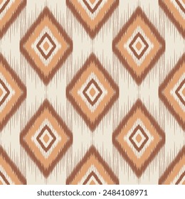 This stock photo features a seamless geometric ikat pattern in shades of red and beige. The intricate tribal design showcases repeating diamond shapes, perfect for use in textiles, backgrounds