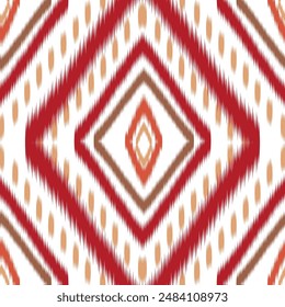 This stock photo features a seamless geometric ikat pattern in shades of red and beige. The intricate tribal design showcases repeating diamond shapes, perfect for use in textiles, backgrounds