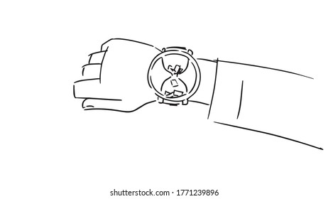 in this storyboard is a hand that has a clock, on the clock is drawn an hourglass,storyboard.