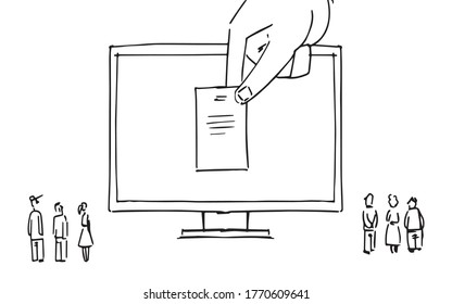 In This Storyboard Is A Monitor On Which Is Drawn A Folder That Is Held By One Hand, People Sit In Parts And Look At The Screen,storyboard.
