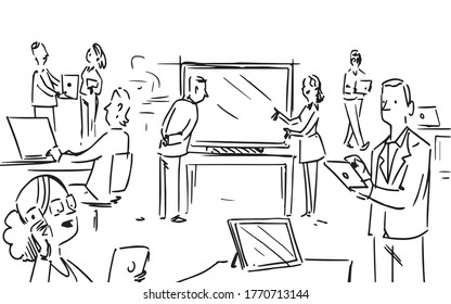  This Storyboard We See People Working, Someone Is Sitting On The Board, Another Is Talking On The Phone, A Lady Is Explaining Something To A Man On The Board, Everyone Is Working, Storyboard,vector.