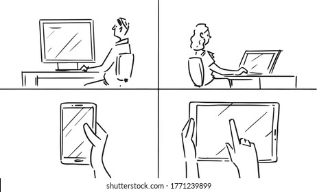 in this storyboard a woman is working on a laptop. the man is working on the computer, the hand is holding the phone, the hand is holding the board and the second hand is pointing at her,storyboard.