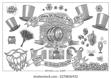 This St.Patrick's Day Set (v.1) allow you quicly to create a card, flier or other advertazing for your event.
All items are a isolated objects and on a separate layers. Lines width is EDITABLE.