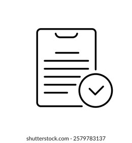 This is a straightforward and easily recognizable line icon illustrating a clipboard adorned with a checkmark, which effectively symbolizes surveys, assessments, and various data collection processes