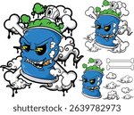 This street art themed vector design set features a cool graffiti spray can character, with a fierce expression, lightning eyes and smoke and crossbones elements. 