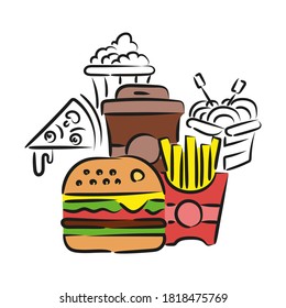This is a street food concept. Outline and colored fast food symbols. Freehand drawing. Stylish solution for a website.