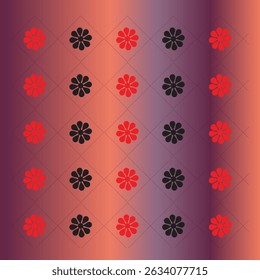 This striking abstract floral pattern design features a seamless repeat of stylized flowers in a vibrant gradient. The artwork incorporates a geometric grid of rhombus shapes in a rich palette of red.