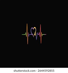 This is a striking and artistic image that beautifully blends the concepts of life and love. Set against a stark black background, it features a vibrant, multi-colored line representing a heartbeat.