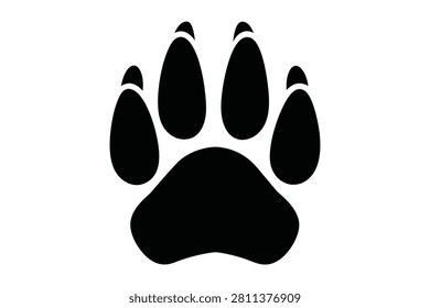 This striking black paw print vector graphic is impeccably isolated on a pristine white background showcasing the intricate details of a canine or wolf footprint. It features five distinct pads and sharp claws making it a versatile symbol for anima.