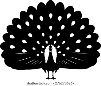 This striking black peacock silhouette vector illustration showcases a majestic bird with its elaborate fanned tail feathers. Perfect for designs needing an elegant, tribal, or artistic touch, it embodies grace, beauty, and natural splendor.