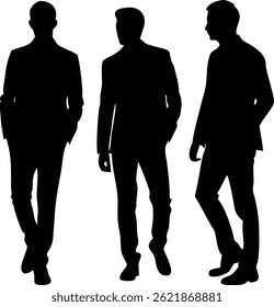 This striking black silhouette captures the essence of teamwork and collaboration, featuring three businessmen in motion, wearing suits and exuding professionalism.