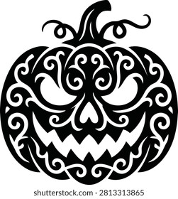 This striking black silhouette depicts a creatively designed Jack-o'-Lantern, perfect for Halloween themed projects. The ornate swirls and menacing grin create a spooky and festive atmosphere for autumn celebrations.