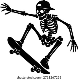 Esta llamativa silueta negra presenta un esqueleto en una gorra de béisbol, en el aire en una patineta, capturando un momento de deporte extremo y rebelión juvenil.