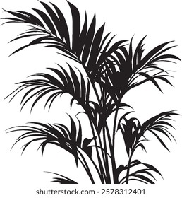 This striking black silhouette of a lush tropical palm tree showcases the intricate details of its fronds.