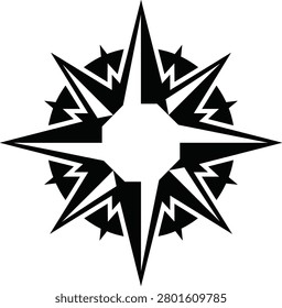 This striking black vector illustration features a complex geometric starburst design with sharp, jagged points and intricate negative space details. The dynamic tribal-style graphic is perfect for logo design, tattoo art, music branding, or edgy decorative elements in print and digital media projects.
