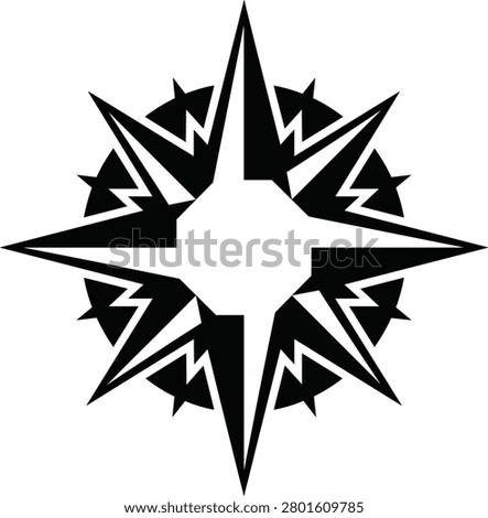 This striking black vector illustration features a complex geometric starburst design with sharp, jagged points and intricate negative space details. The dynamic tribal-style graphic is perfect for logo design, tattoo art, music branding, or edgy decorative elements in print and digital media projects.
