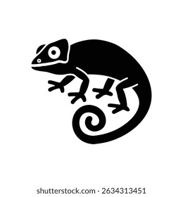 This is a striking black vector image of a chameleon, notable for its distinctive curled tail. The design is clean and stylized, presented on a transparent background.