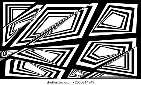This striking black and white abstract design features a complex interplay of overlapping geometric shapes, creating an optical illusion effect.