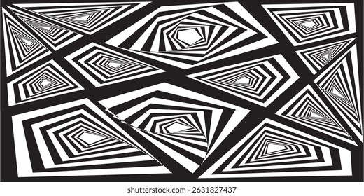 Este llamativo diseño abstracto en blanco y negro presenta una compleja interacción de Formas geométricas superpuestas, creando un efecto de ilusión óptica. eps 10
