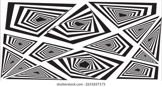 This striking black and white abstract design features a complex interplay of overlapping geometric shapes, creating a modern illusion effect. eps 10