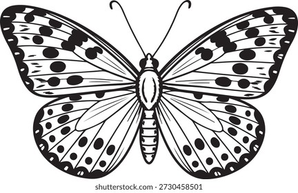 Este llamativo dibujo de mariposa en blanco y negro presenta alas simétricas con patrones distintos, presentadas desde una vista superior directa para varios usos de diseño.