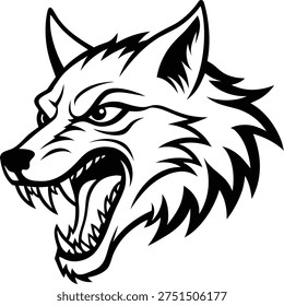 This striking black and white graphic illustration captures the ferocious essence of a wolf with its snarling mouth, sharp teeth, and piercing eyes. Designed with bold lines and dynamic details, this artwork emphasizes the wild nature and strength of the animal. Perfect for use in logos, tattoos, or artistic projects that aim to convey power, intensity, and primal instincts associated with wolves in their natural environment. The detailed fur and fierce expression make this a compelling and eye-catching image.