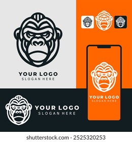 This striking black and white illustration features a detailed gorilla face with an assertive expression, perfect for logos or artistic designs.