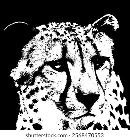 This striking black and white illustration captures the essence of a cheetah's face with its distinctive spots and intense gaze