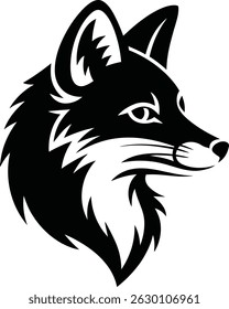 This striking black and white illustration features a detailed fox head, showcasing its sharp features and expressive eyes. The minimalist design makes it perfect for a variety of projects, including 