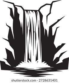 Esta impressionante ilustração em preto e branco captura a beleza majestosa de uma cachoeira enquanto ela desce em cascata por um penhasco rochoso acidentado. O design estilizado cria uma sensação de serenidade e maravilha, convidando o espectador a explorar e descobrir as maravilhas naturais do mundo.