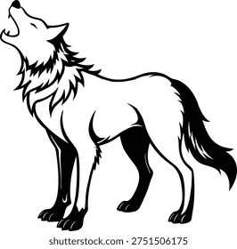 This striking black and white illustration portrays a majestic wolf with its head lifted toward the sky, howling in a display of strength and primal instinct. The wolf's thick fur and alert posture emphasize its wild nature and connection to the wilderness. The minimalist background highlights the wolf's features, symbolizing freedom, strength, and the untamed beauty of wild animals living in their natural habitat, making it a powerful image of wildlife and wilderness life.