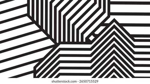 This striking black and white image showcases geometric patterns formed by bold lines, angles, and varied stripes, creating a high-contrast optical illusion with dynamic visual impact