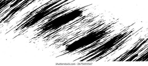 Esta impressionante imagem em preto e branco apresenta traçados de pincel diagonais em negrito, criando uma composição abstrata dinâmica, com espessura de linha e contraste textural variados, adicionando profundidade