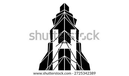 This striking black and white image showcases a geometric building silhouette, constructed with sharp lines and contrasting shapes. The abstract design creates a modern and minimalist aesthetic,