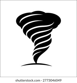 This striking black and white silhouette depicts a powerful tornado characterized by its swirling, intense clouds. The dramatic design captures the essence of a natural disaster with a focus on the swirling vortex and dark, menacing appearance. Perfect for weather-related graphics, educational materials, or artistic representations of extreme storms.