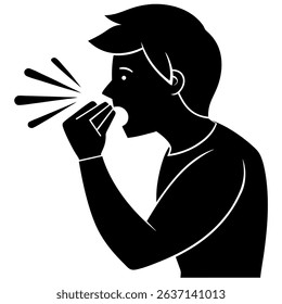 This striking black and white vector illustration depicts a person in the act of coughing or sneezing sideways.