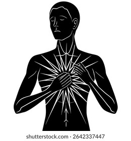 This striking black and white vector illustration depicts a silhouette experiencing both chest pain and mental distress. The monochrome line art conveys complex themes of anxiety.