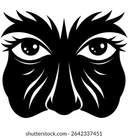 This striking black and white vector illustration features a bold graphic design of stylized animal eyes and facial features.