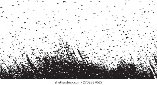 This striking black and white vector image captures a dynamic field of dense, textured grass under a flurry of dark shapes scattered against a bright, airy sky