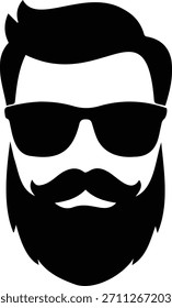 Esta llamativa Ilustración vectorial en blanco y negro presenta un hombre fresco y barbudo con gafas de sol oscuras, que encarna un estilo hipster o barbería. Es perfecto para branding, avatares o fotos de perfil.