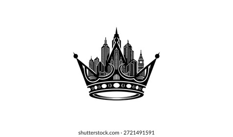 Este llamativo gráfico de Vector en blanco y negro retrata una majestuosa corona repleta de un detallado paisaje urbano. Representando la Regalías y el poder urbano, esta Imagen combina Elementos arquitectónicos y