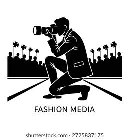 Esta llamativa Ilustración vectorial en blanco y negro representa a un fotógrafo profesional en acción, arrodillado para capturar la toma perfecta en un desfile de moda de alto perfil.