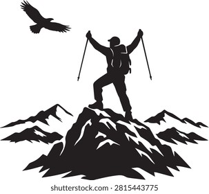 This striking black and white vector illustration captures the triumphant moment of a mountain climber reaching the summit. Standing confidently atop a jagged, snow-capped peak, the silhouetted hiker raises both trekking poles high in a powerful victory pose, celebrating the successful ascent. The climber is fully equipped with a backpack, helmet, and hiking gear, rendered in crisp monochrome detail that emphasizes the drama and achievement of the scene. Overhead, a majestic eagle soars freely against the sky, its wings fully spread, symbolizing freedom, ambition, and the boundless spirit of adventure. The layered mountain range beneath the climber's feet adds depth and grandeur, with sharp rocky outlines and textured snow patches creating a sense of scale and challenge overcome. This high-contrast graphic style makes the artwork extremely versatile for a wide range of uses, including outdoor adventure branding, hiking and trekking company logos, motivational posters, fitness and sports apparel designs, expedition gear packaging, travel blog headers, athletic achievement badges, and inspirational wall art. The clean silhouette design ensures excellent scalability, making it perfect for both small icons and large-format prints without any loss of quality. The composition tells a universal story of perseverance, goal-setting, and personal triumph — themes that resonate across fitness, corporate motivation, outdoor recreation, and self-improvement industries. Whether used for a mountaineering club emblem, a personal training brand, or an inspirational quote graphic, this image conveys determination and the rewarding feeling of conquering a difficult challenge. The eagle adds a secondary layer of symbolism representing vision, courage, and rising above obstacles, making this illustration ideal for leadership content, motivational speaking materials, and adventure tourism marketing. Its bold, minimalist aesthetic pairs well with modern flat design trends while still delivering strong emotional impact.